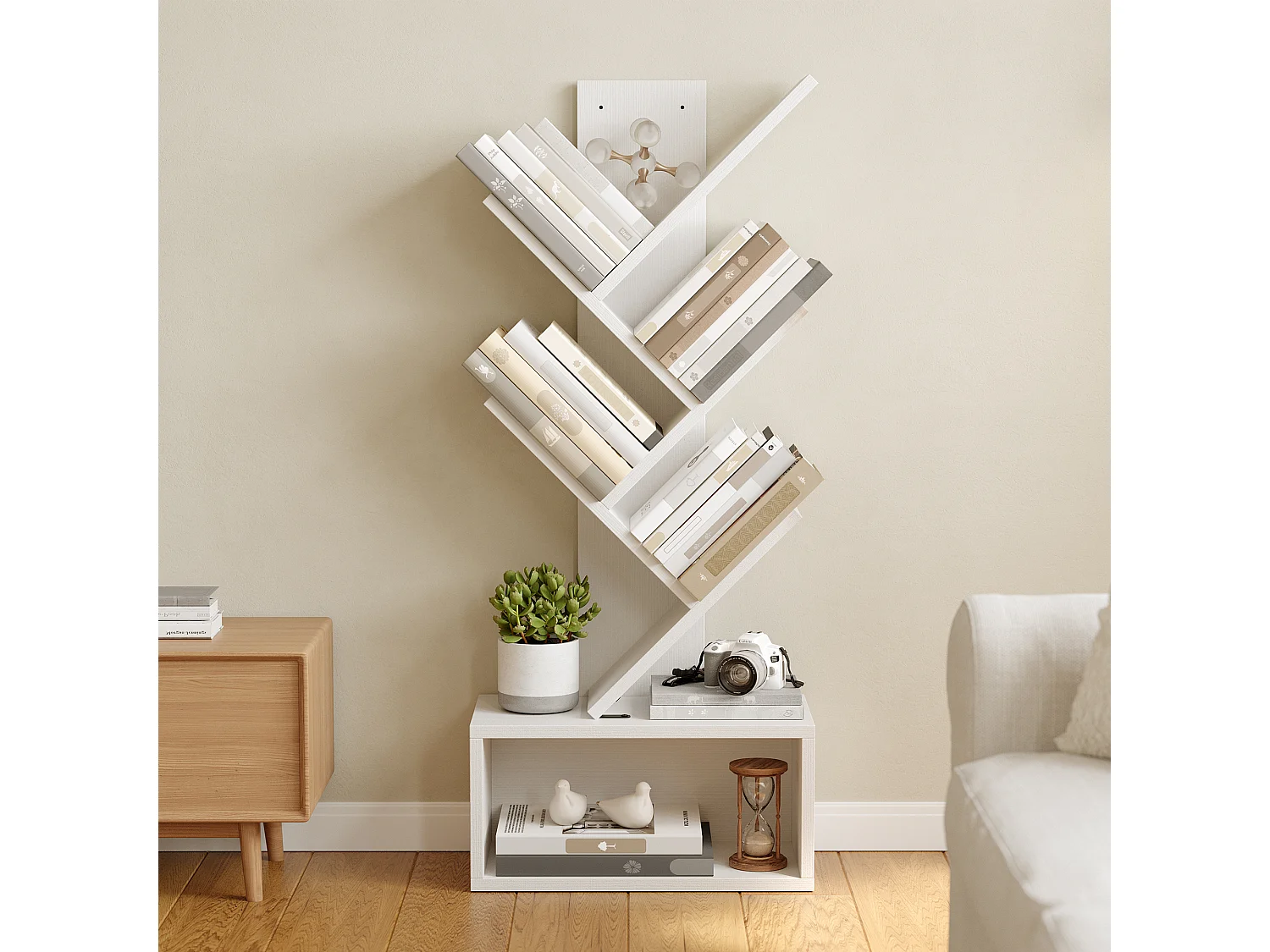 Bealife Bibliothèque 5 Niveaux Étagère de Rangement 1 Casier Arbre Livre CD Magazine Salon Chambre Enfant Blanc