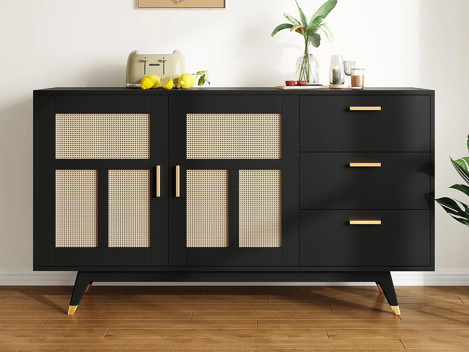 Sideboard 160x40x87cm - mit 2 Rattantüren und 3 Schubladen - Schwarz