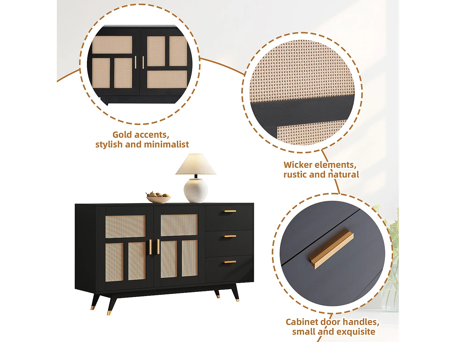 Sideboard 160x40x87cm - mit 2 Rattantüren und 3 Schubladen - Schwarz