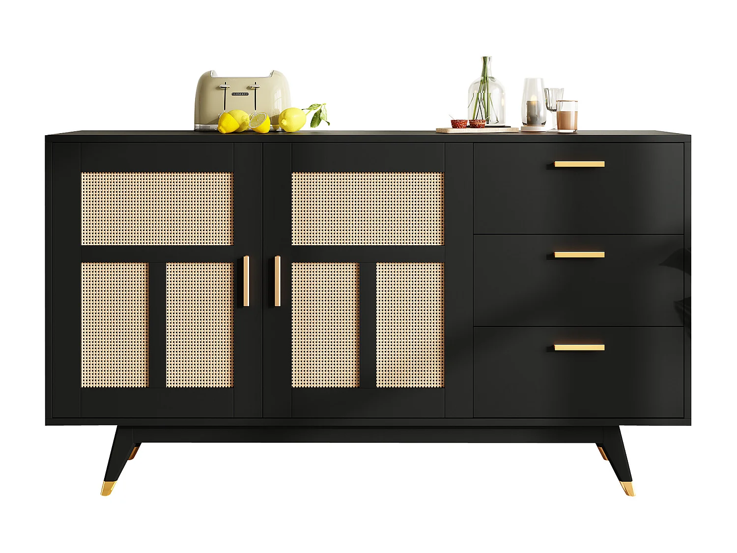 Sideboard 160x40x87cm - mit 2 Rattantüren und 3 Schubladen - Schwarz