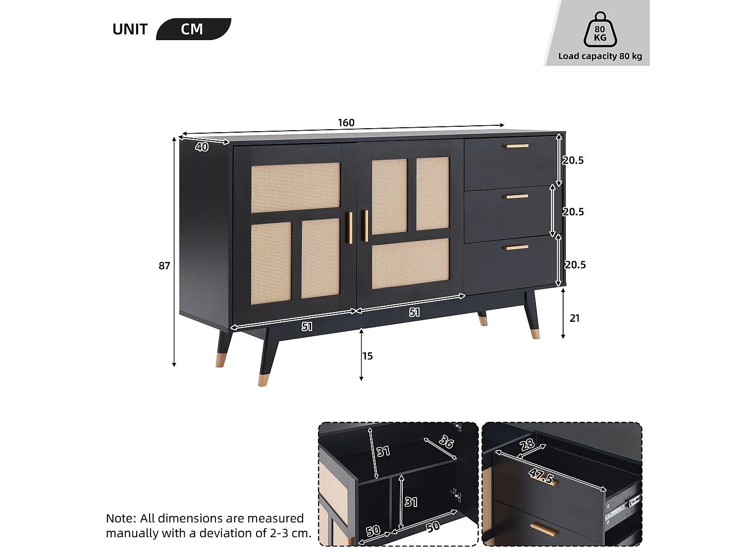 Sideboard 160x40x87cm - mit 2 Rattantüren und 3 Schubladen - Schwarz