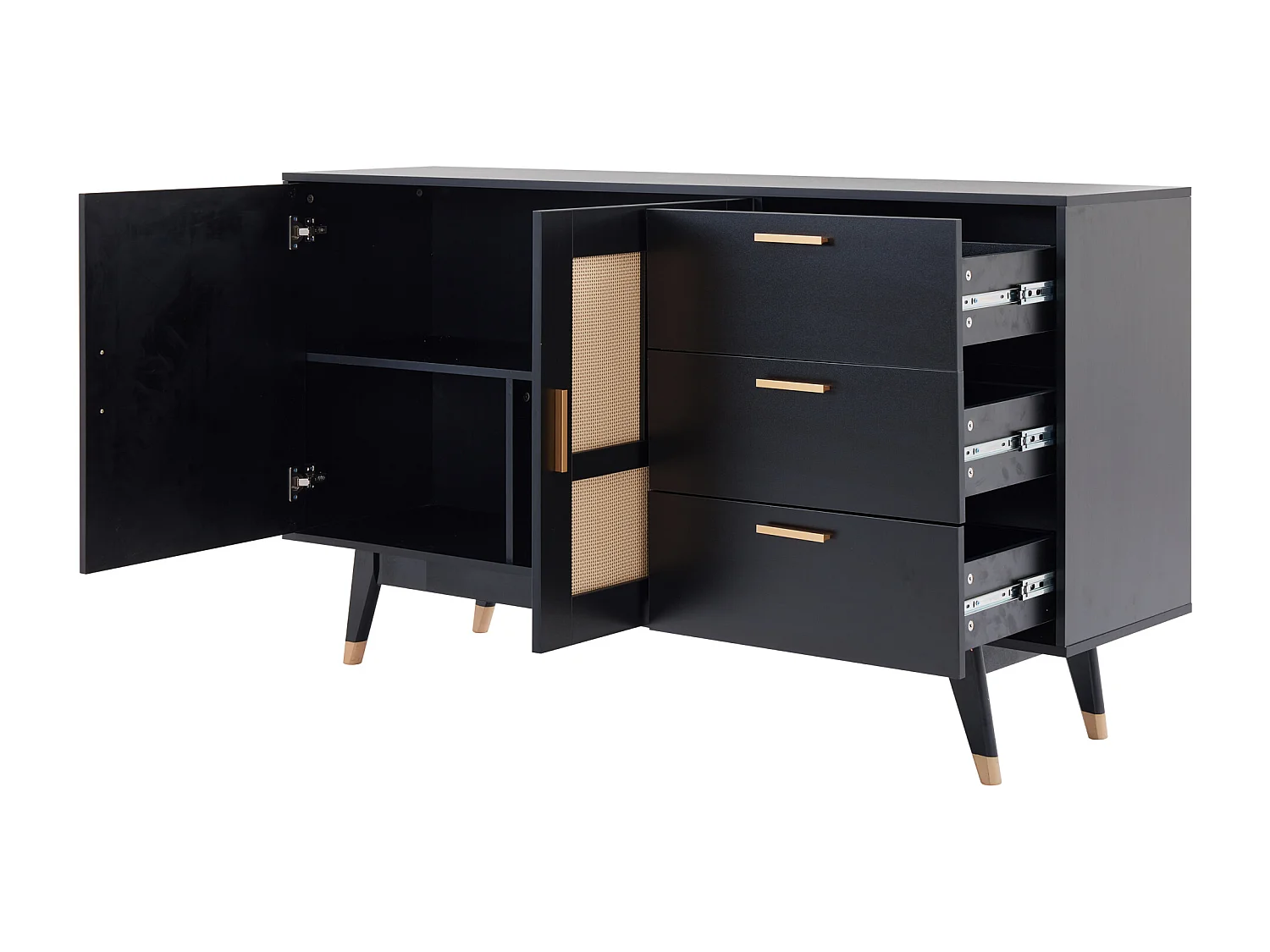 Sideboard 160x40x87cm - mit 2 Rattantüren und 3 Schubladen - Schwarz