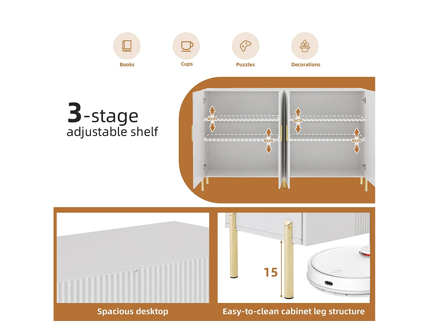 Buffet 160x35x100cm - 4 portes - en panneaux de particules - Blanc