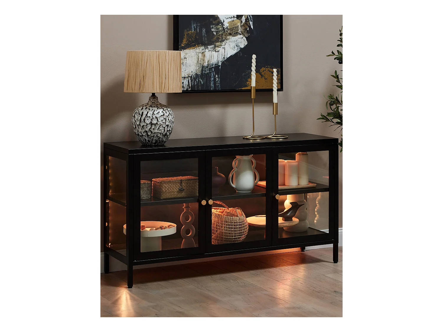 Buffet avec vitrine en verre LED NEWPORT Métal 115 cm Noir