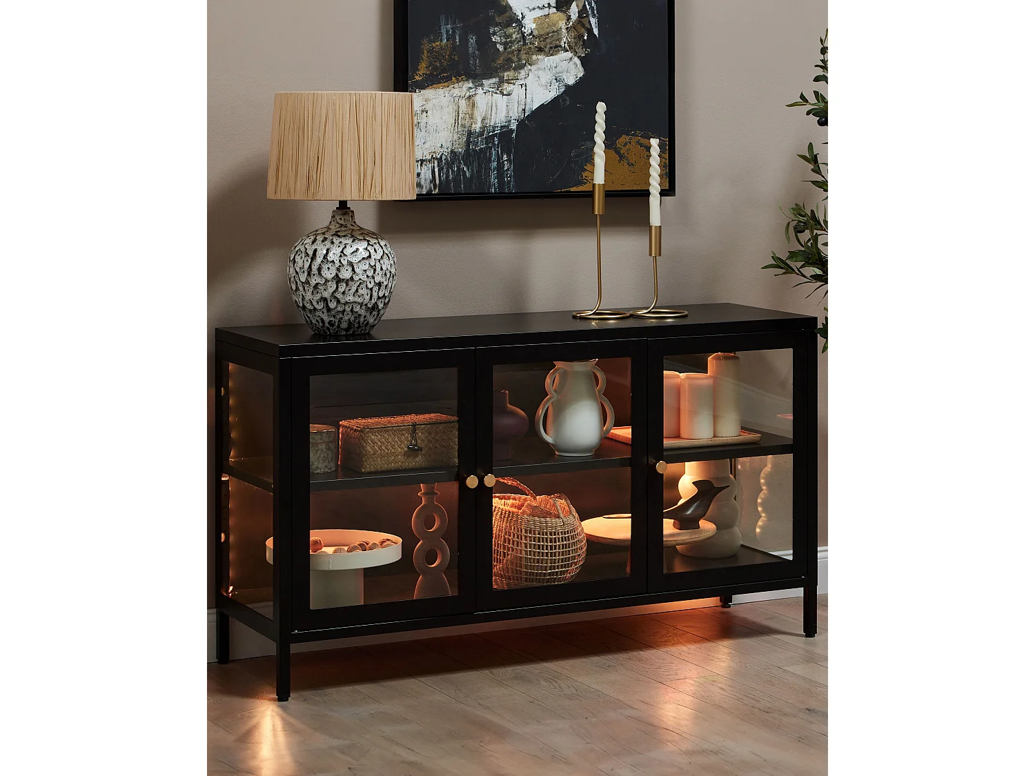 Glazen vitrinekast LED NEWPORT Metaal 115 cm Zwart