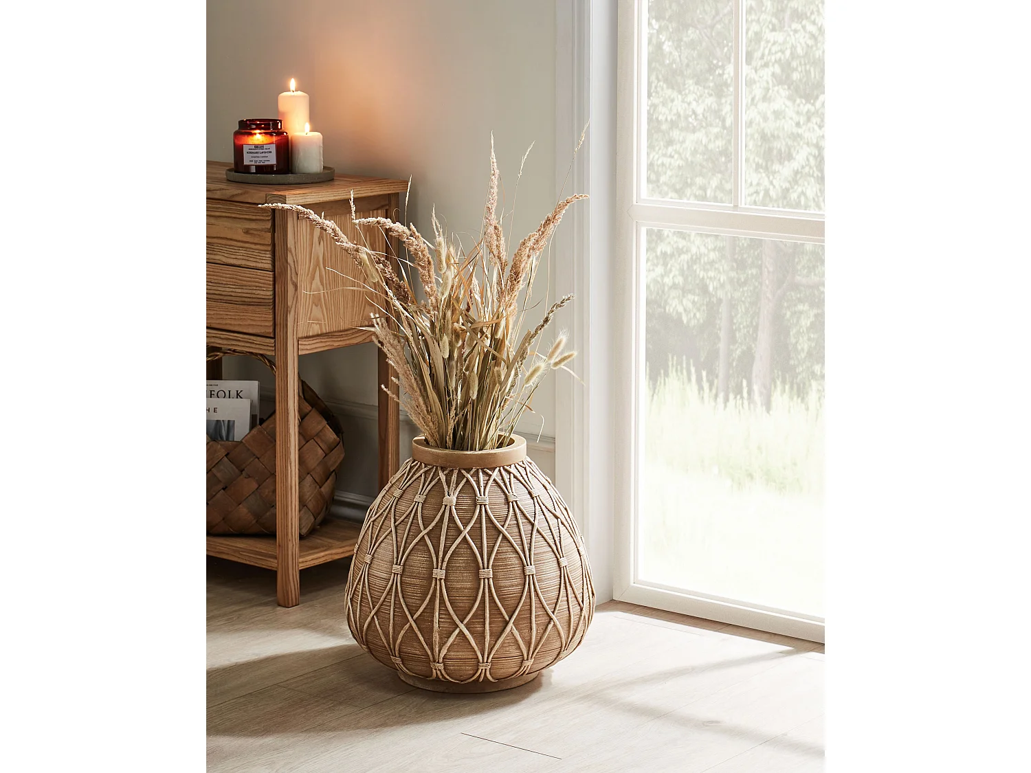 Blumenvase im Boho-Stil, Magnesium, Innen- und Außenbereich, hellbraun, Domokos