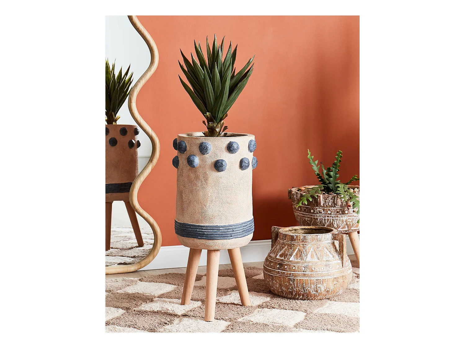 Blumentopf Magnesiumoxid sand beige / blau mit Holzbeinen Muster Bletilla