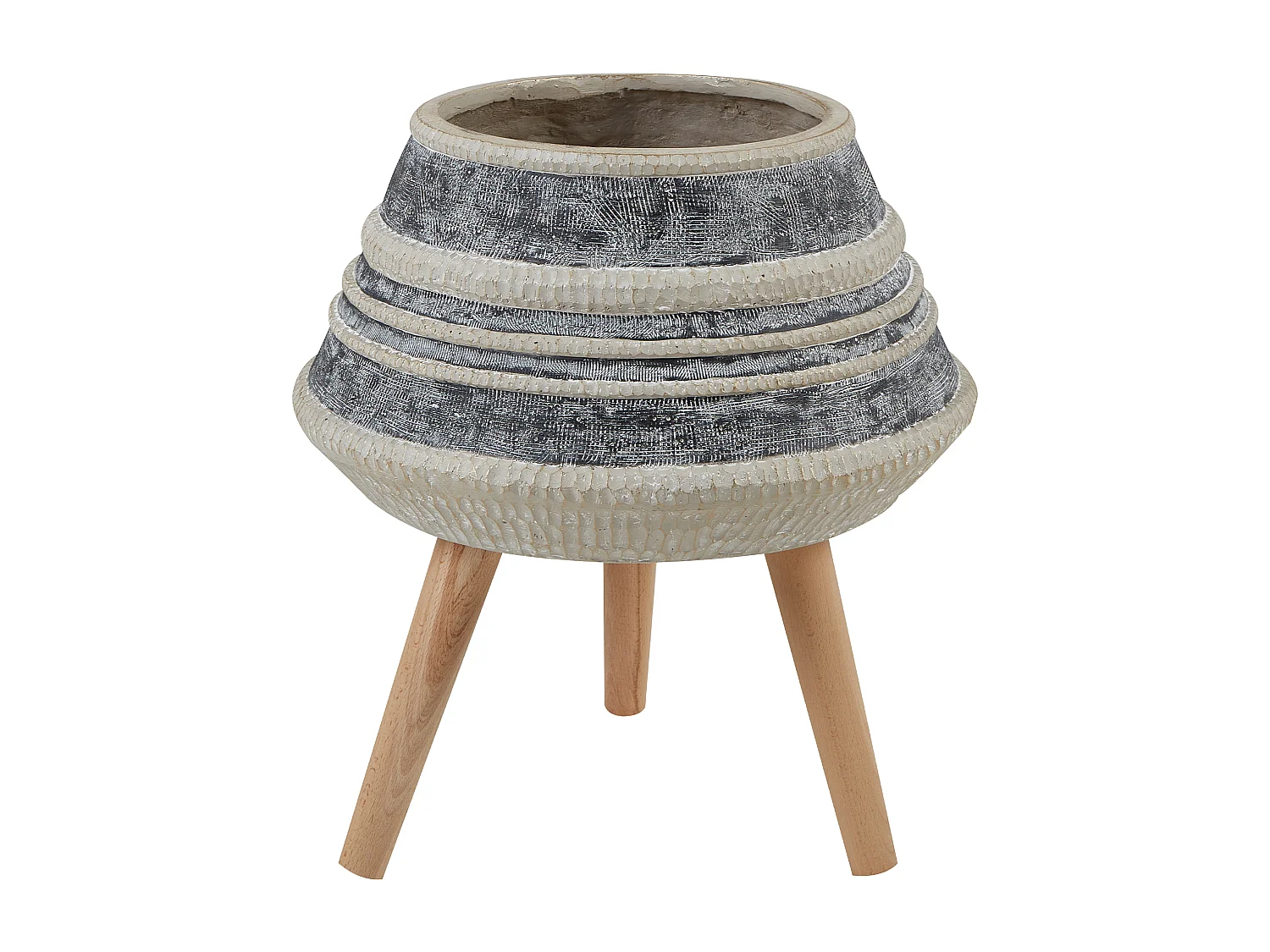 Blumentopf Magnesiumoxid beige / grau mit Holzbeinen Streifen Muster Athaea