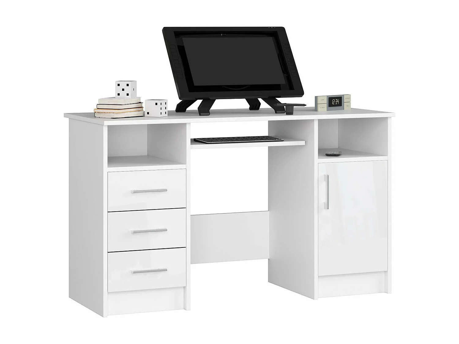 bureau polo bois mdf 1 porte 3 tiroirs façade blanc brillant 5 étagères 124x52x74 cm