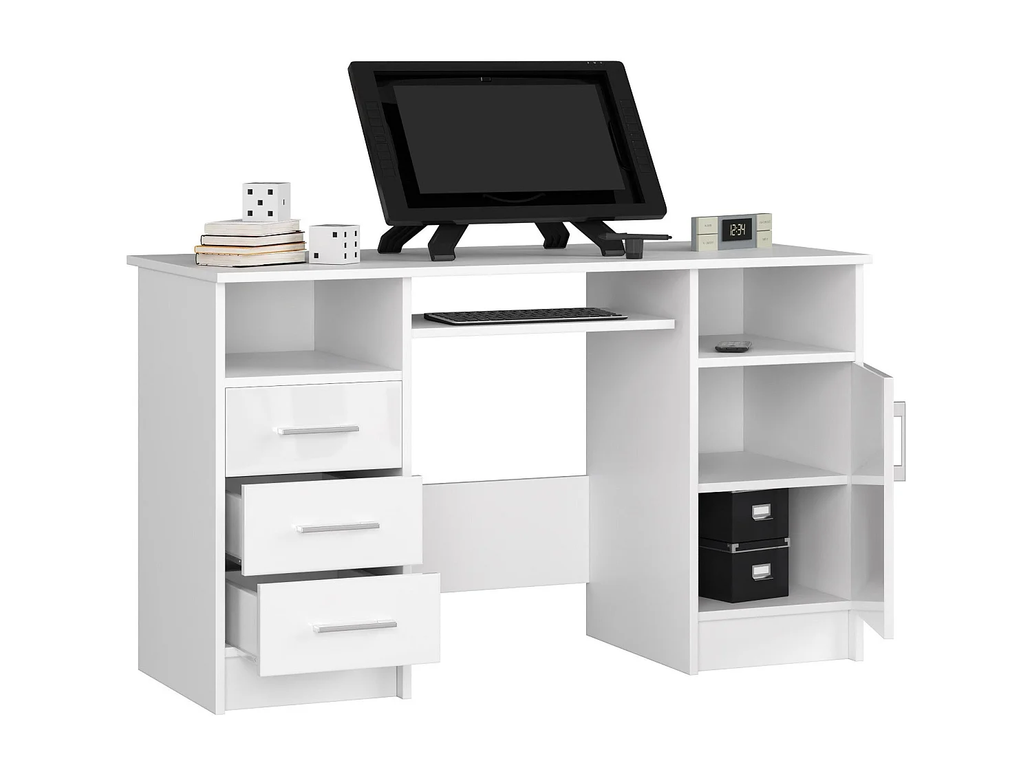bureau polo bois mdf 1 porte 3 tiroirs façade blanc brillant 5 étagères 124x52x74 cm