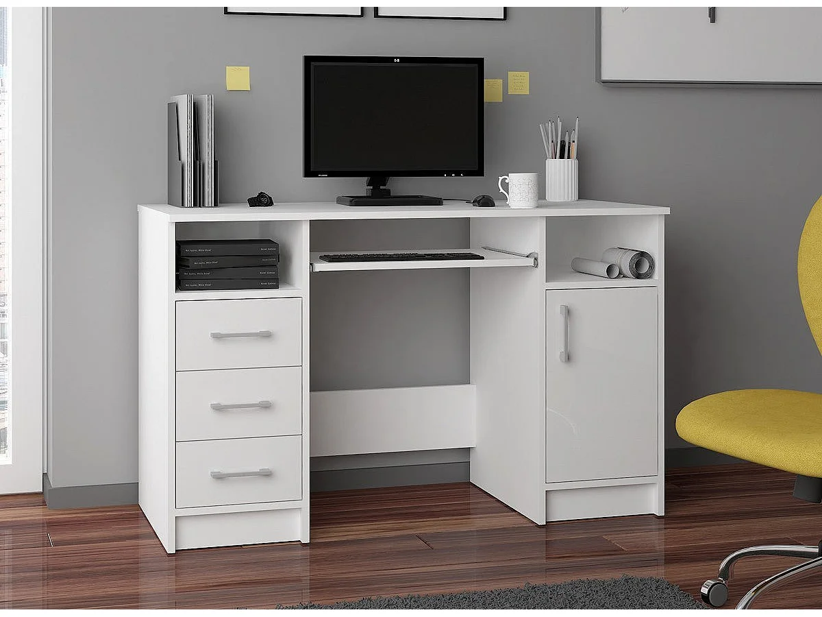bureau polo bois mdf 1 porte 3 tiroirs façade blanc brillant 5 étagères 124x52x74 cm