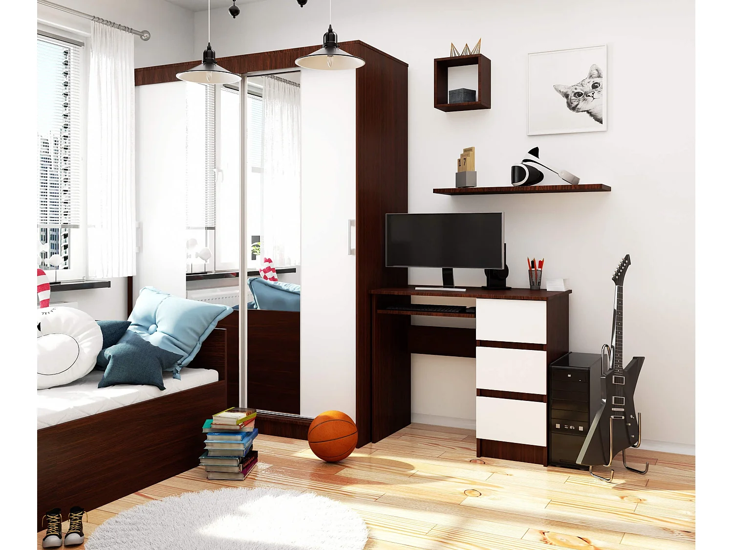 bureau ricci droite marron bois mdf 3 tiroirs façade blanche 1 étagère 90x50x77 cm