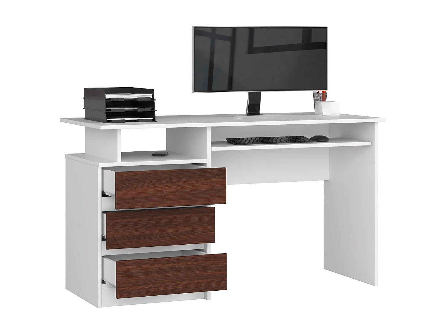 bureau erino bois mdf  blanc  gauche 4 tiroirs facade marron 90x50x77 cm