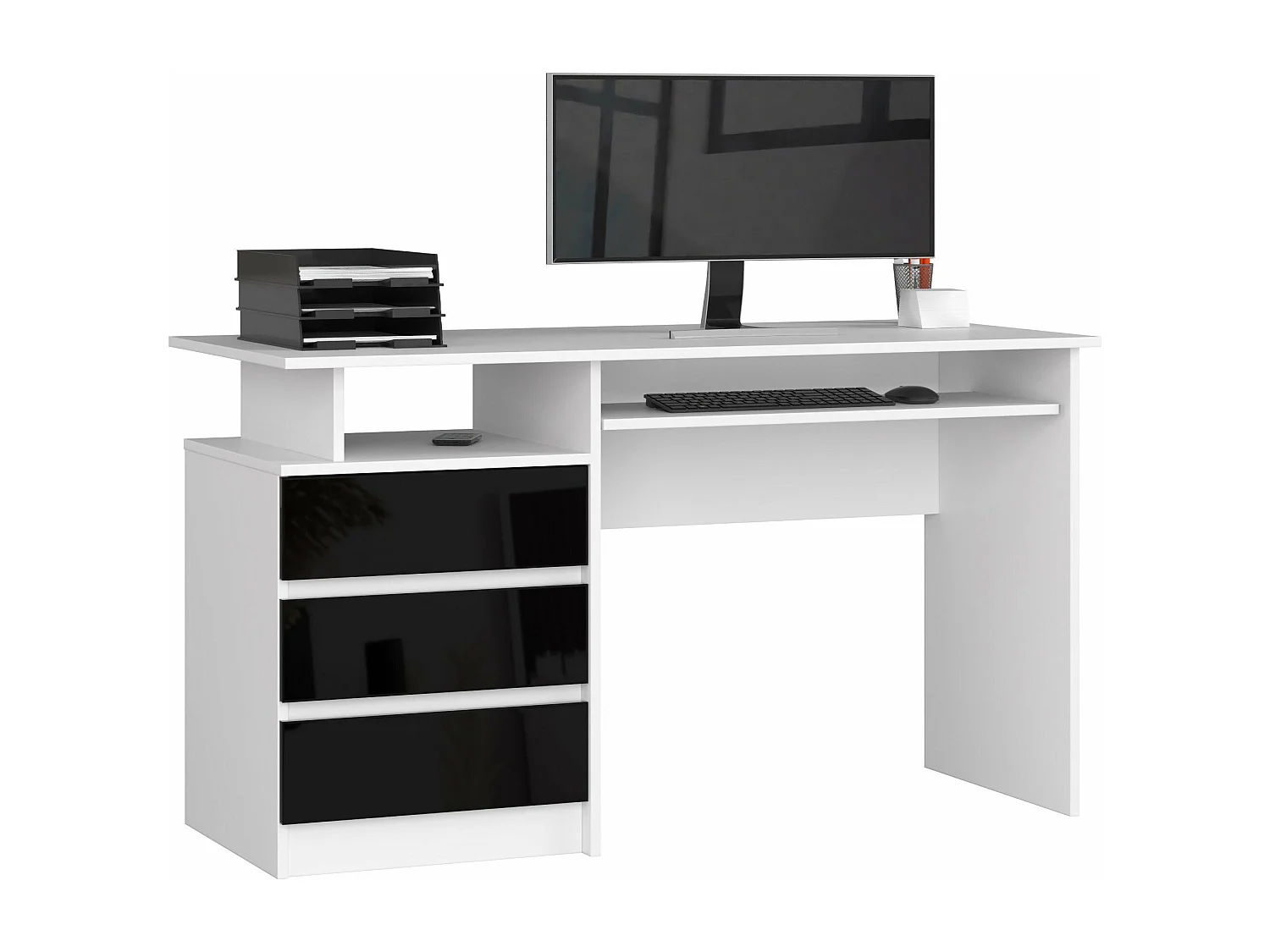 bureau erino bois mdf  blanc  gauche  4 tiroirs facade noir brillant 90x50x77 cm