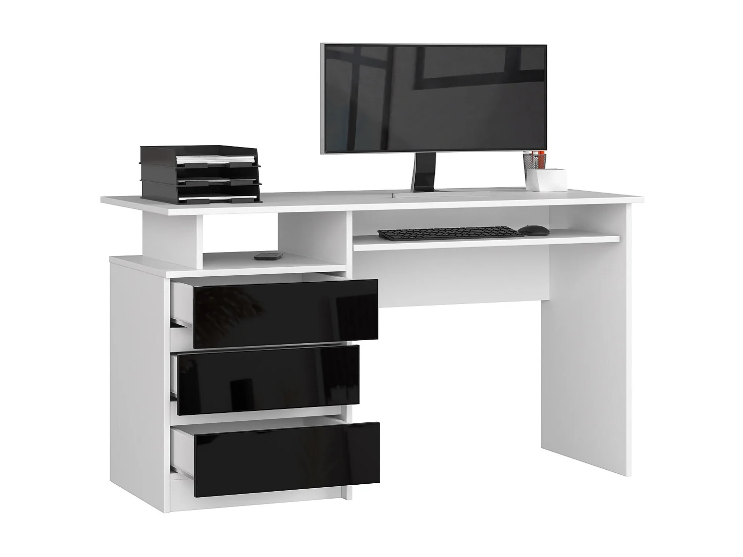 bureau erino bois mdf  blanc  gauche  4 tiroirs facade noir brillant 90x50x77 cm