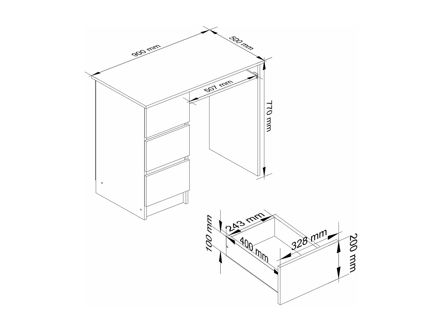 bureau ricci gauche marron bois mdf 3 tiroirs façade blanche 1 étagère 90x50x77 cm