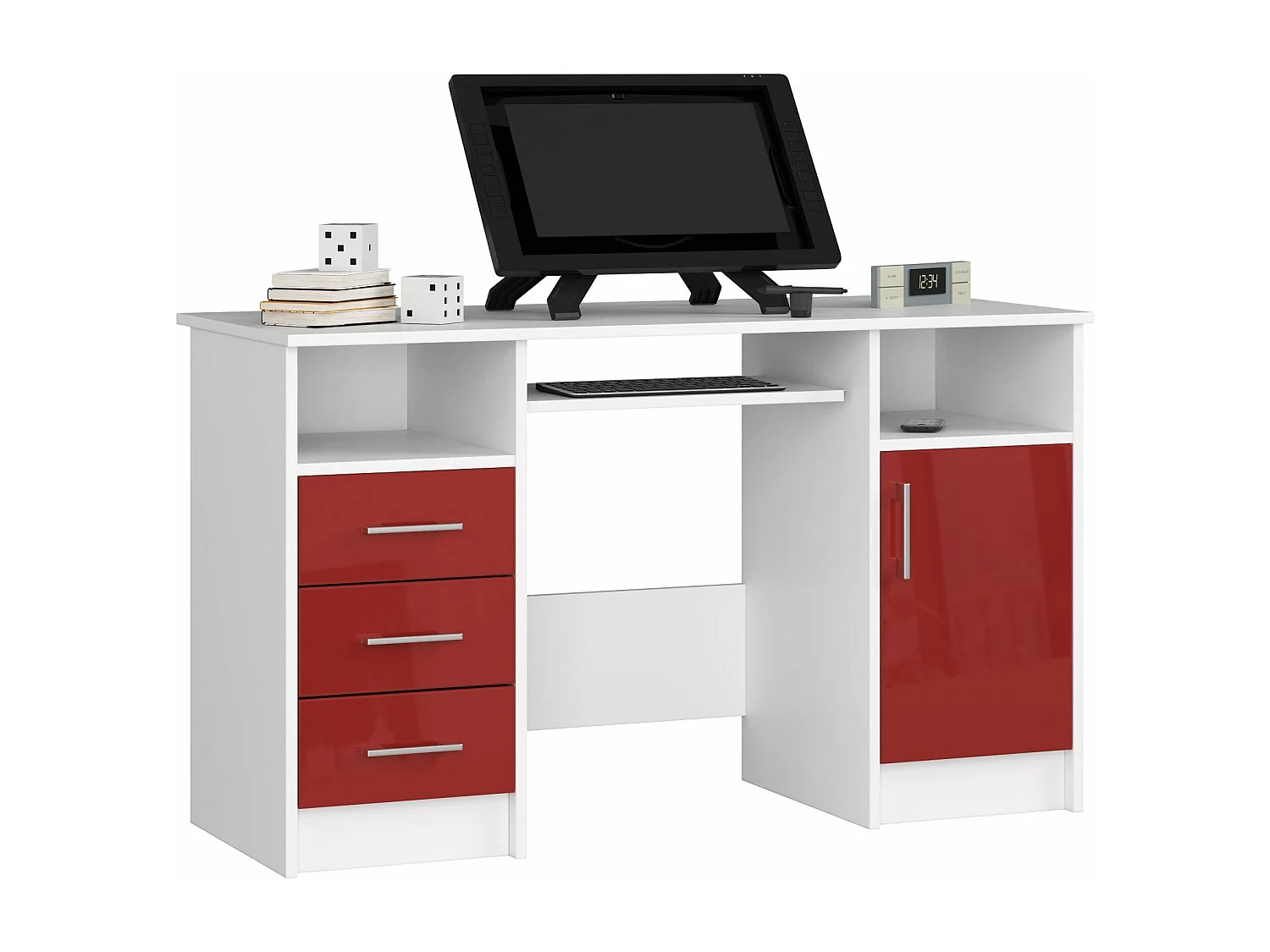 bureau polo bois mdf 1 porte 3 tiroirs façade rouge brillant 5 étagères 124x52x74 cm