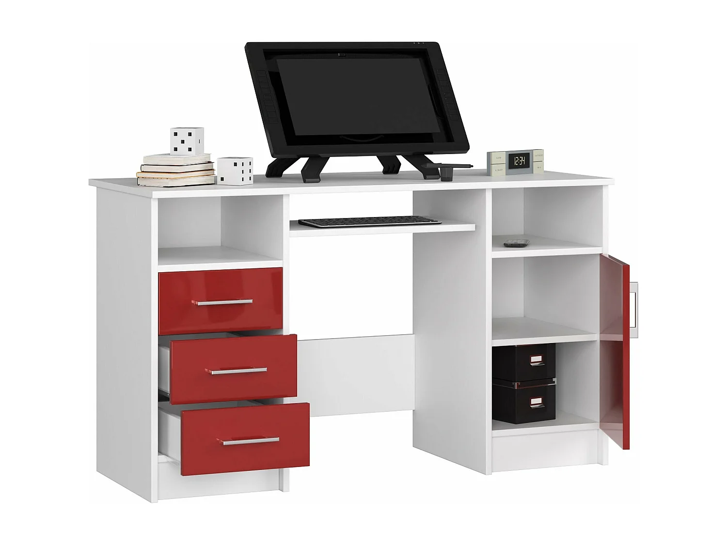 bureau polo bois mdf 1 porte 3 tiroirs façade rouge brillant 5 étagères 124x52x74 cm