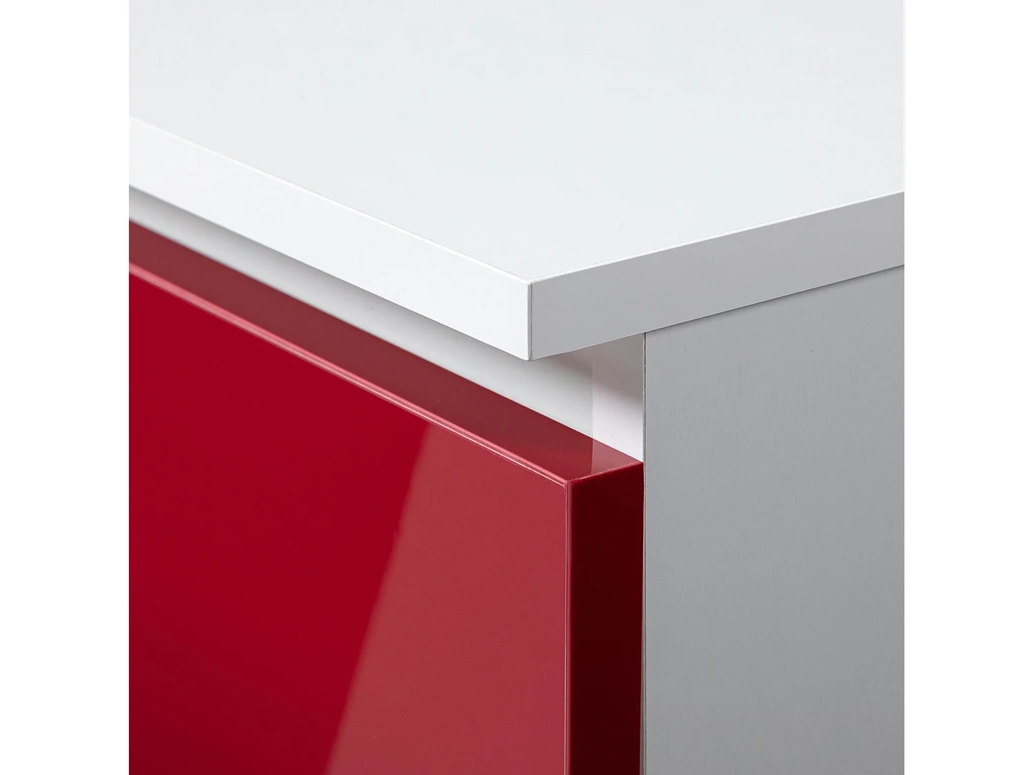 bureau polo bois mdf 1 porte 3 tiroirs façade rouge brillant 5 étagères 124x52x74 cm