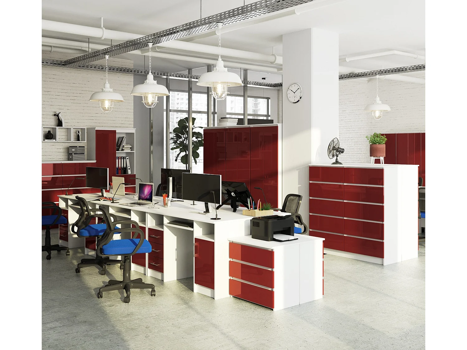 bureau polo bois mdf 1 porte 3 tiroirs façade rouge brillant 5 étagères 124x52x74 cm