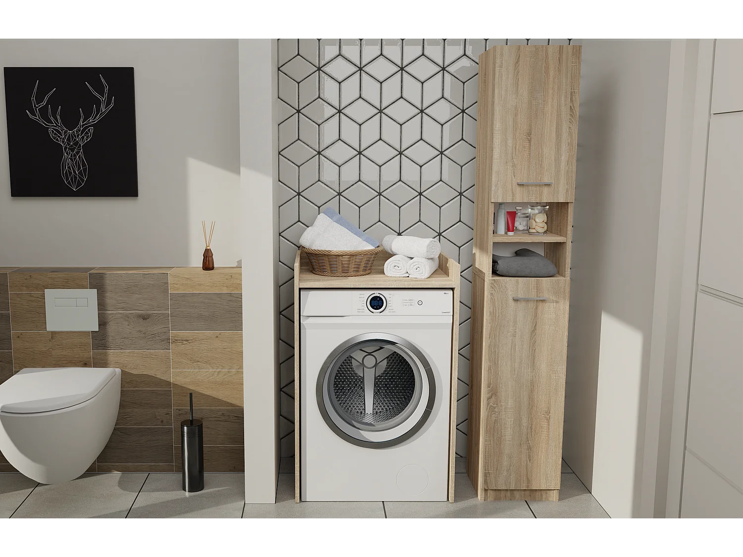 MARELLO - Colonne de salle de bain style moderne - 183x32x30 - 2 portes+étagères - Sonoma