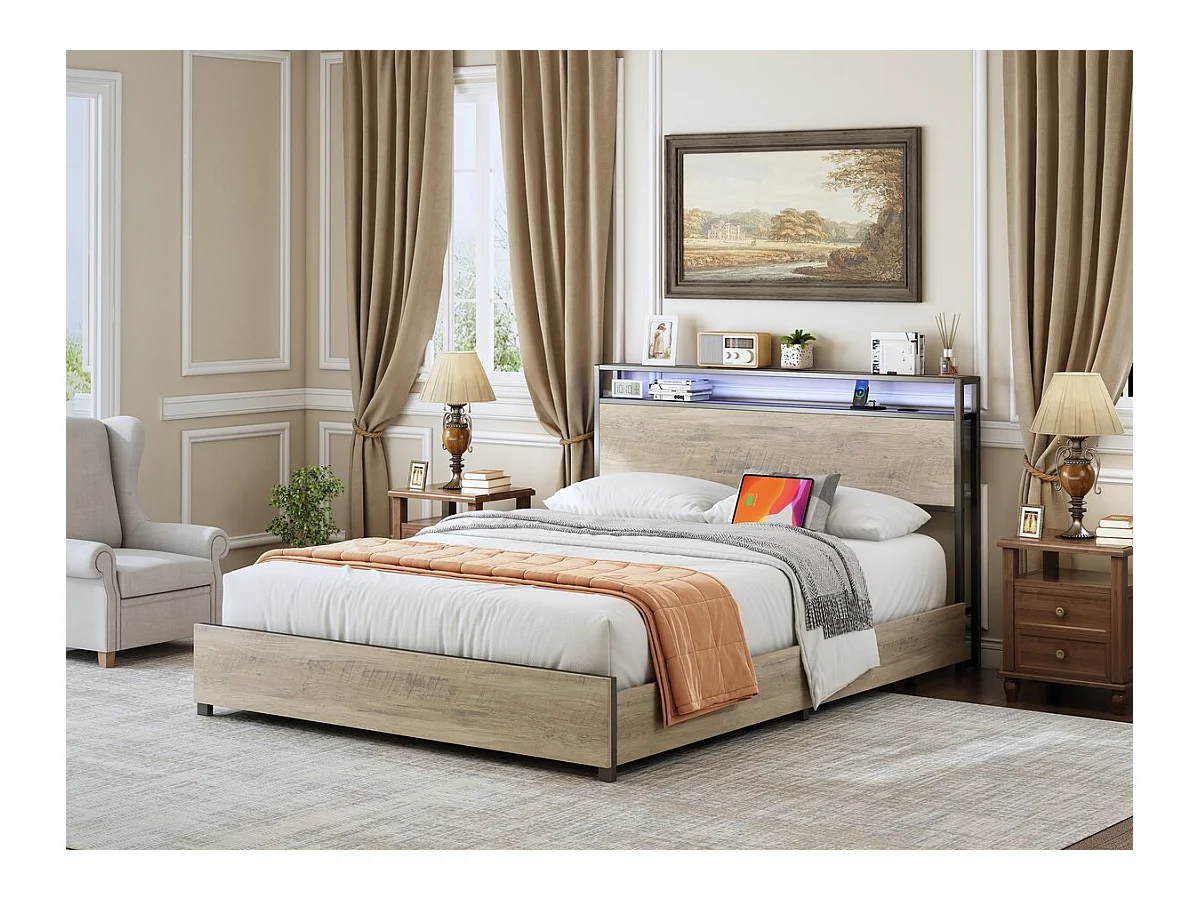 Letto matrimoniale in metallo a LED con presa e cassetti "Léa" - 140 x 190 cm - Marrone