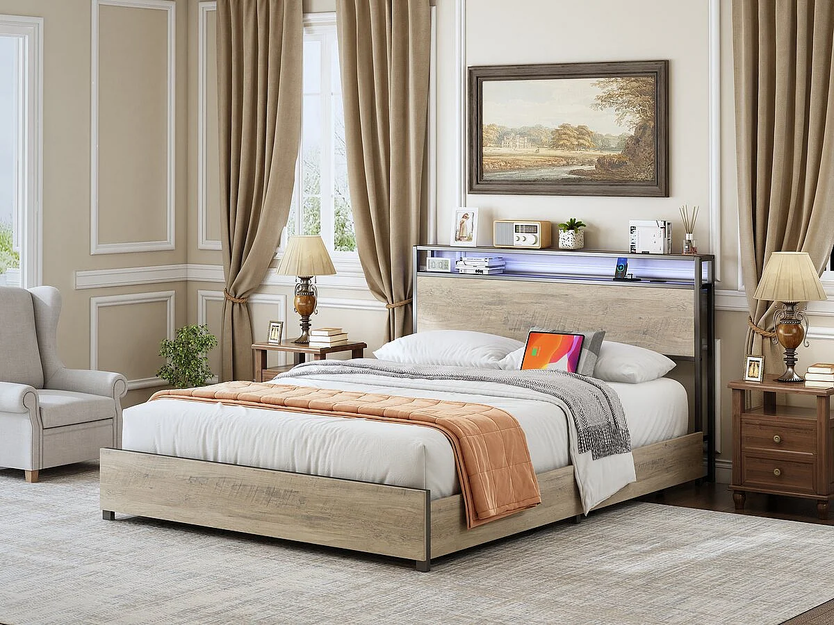 Lit double led en métal avec prise et tiroirs  "Léa" - 140 x 190 cm - Marron