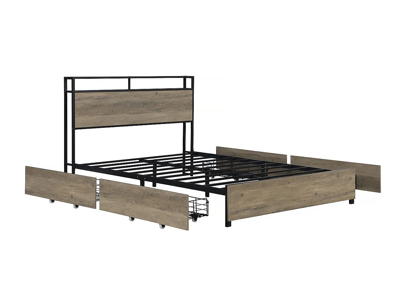 Lit double led en métal avec prise et tiroirs  "Léa" - 140 x 190 cm - Marron