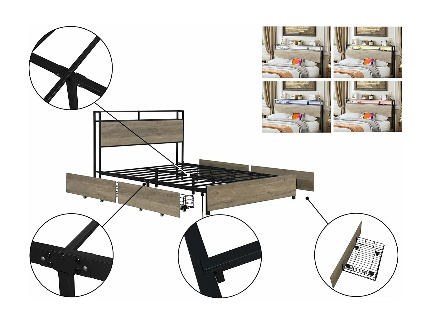 Lit double led en métal avec prise et tiroirs  "Léa" - 140 x 190 cm - Marron