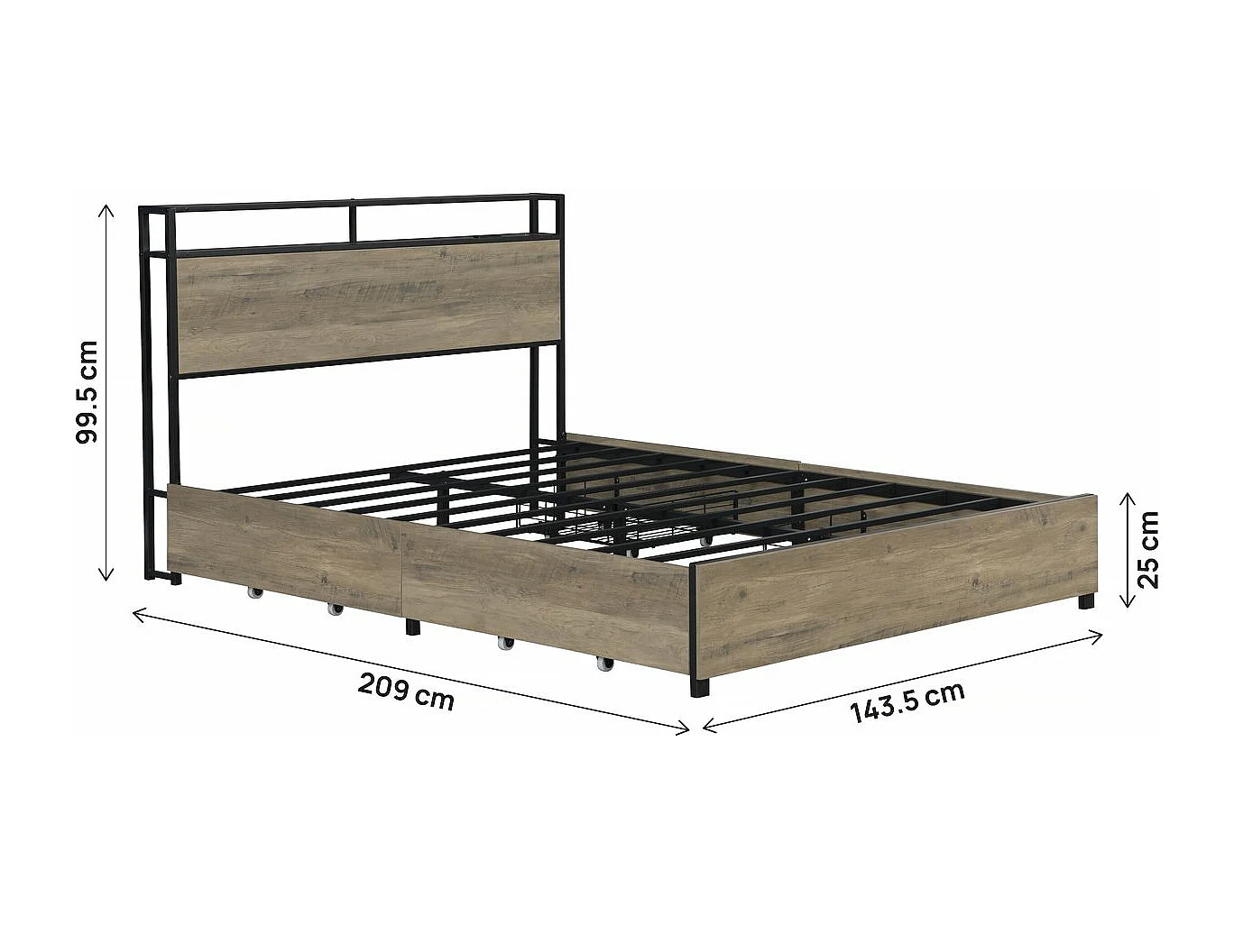 Lit double led en métal avec prise et tiroirs  "Léa" - 140 x 190 cm - Marron