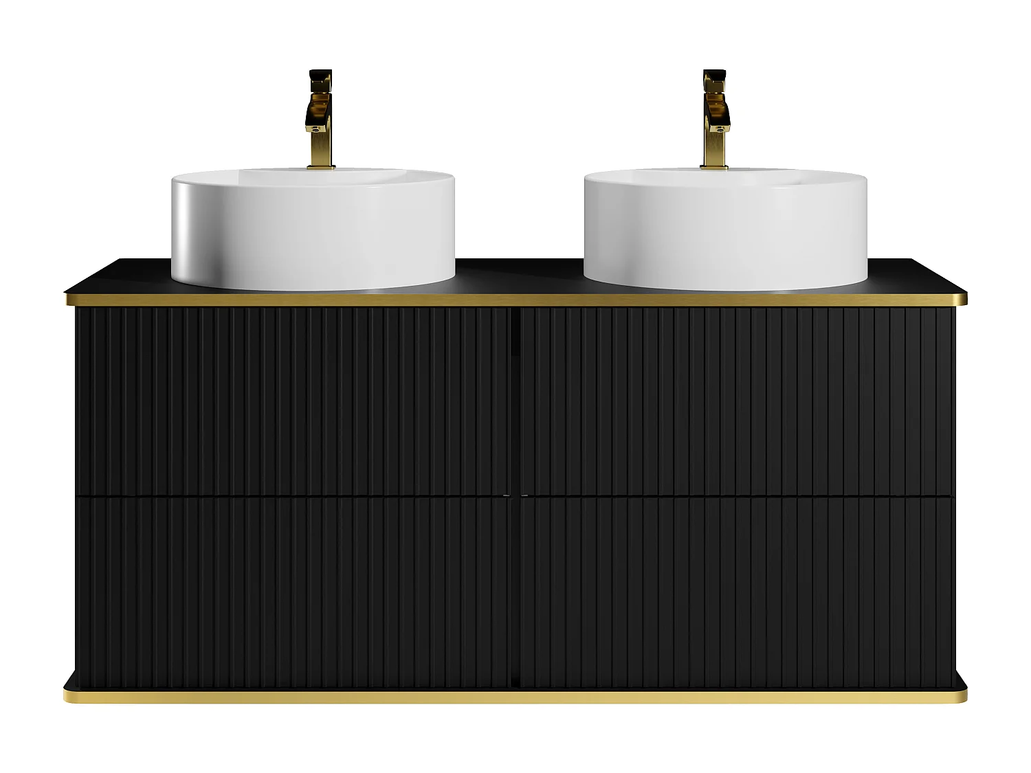 Mueble de baño suspendido estriado con ribete dorado y dos lavabos redondos - Negro - 120 cm - KELIZA