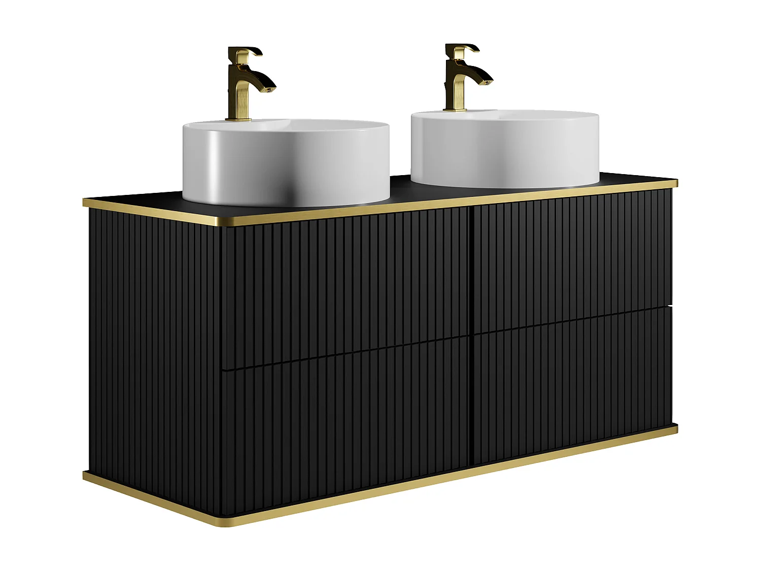 Mueble de baño suspendido estriado con ribete dorado y dos lavabos redondos - Negro - 120 cm - KELIZA