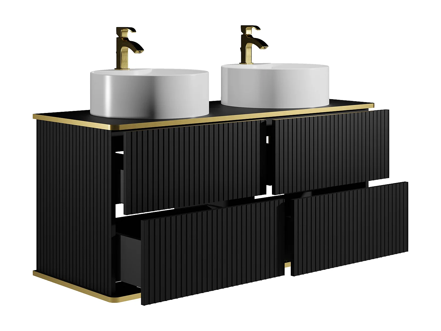 Mueble de baño suspendido estriado con ribete dorado y dos lavabos redondos - Negro - 120 cm - KELIZA