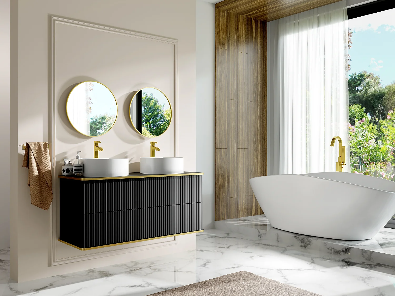 Mueble de baño suspendido estriado con ribete dorado y dos lavabos redondos - Negro - 120 cm - KELIZA