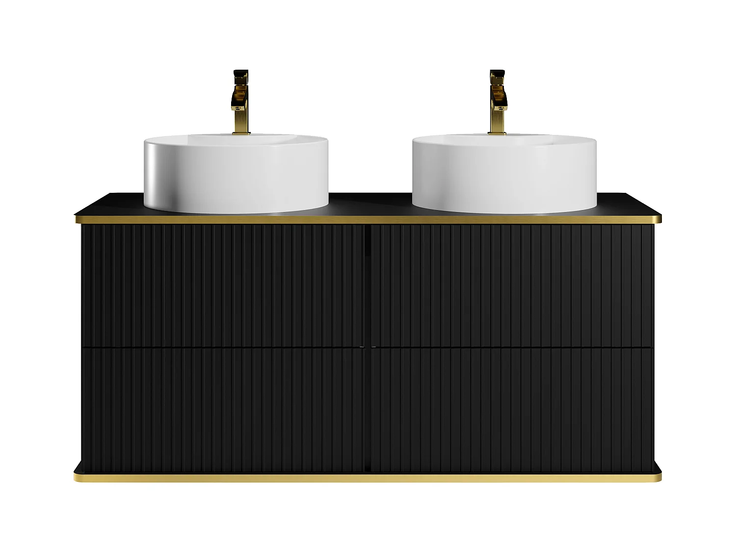 Hengende baderomsmøbel med stripet overflate med gyllen list med dobbel rund servant til plassering - Svart - 120 cm - KELIZA