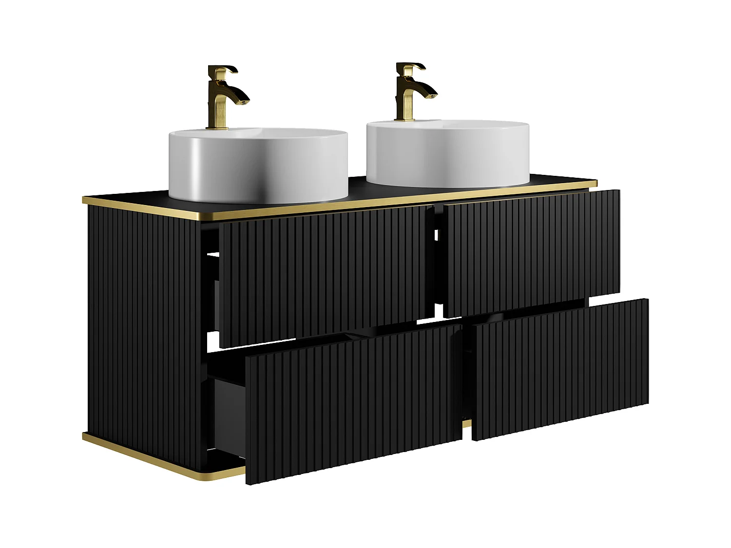 Hengende baderomsmøbel med stripet overflate med gyllen list med dobbel rund servant til plassering - Svart - 120 cm - KELIZA