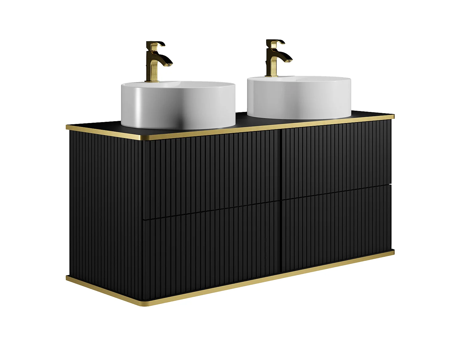 Hengende baderomsmøbel med stripet overflate med gyllen list med dobbel rund servant til plassering - Svart - 120 cm - KELIZA