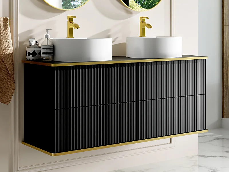 Mueble de baño suspendido estriado con ribete dorado y dos lavabos redondos - Negro - 120 cm - KELIZA