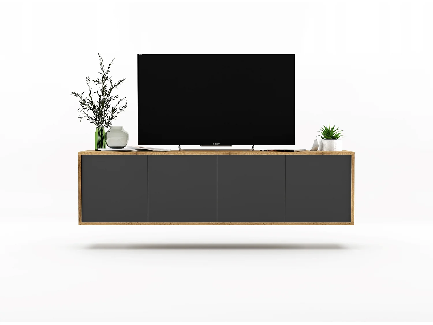Mueble de TV con 4 puertas - estructura roble wotan frentes grafito mate - 150 cm
