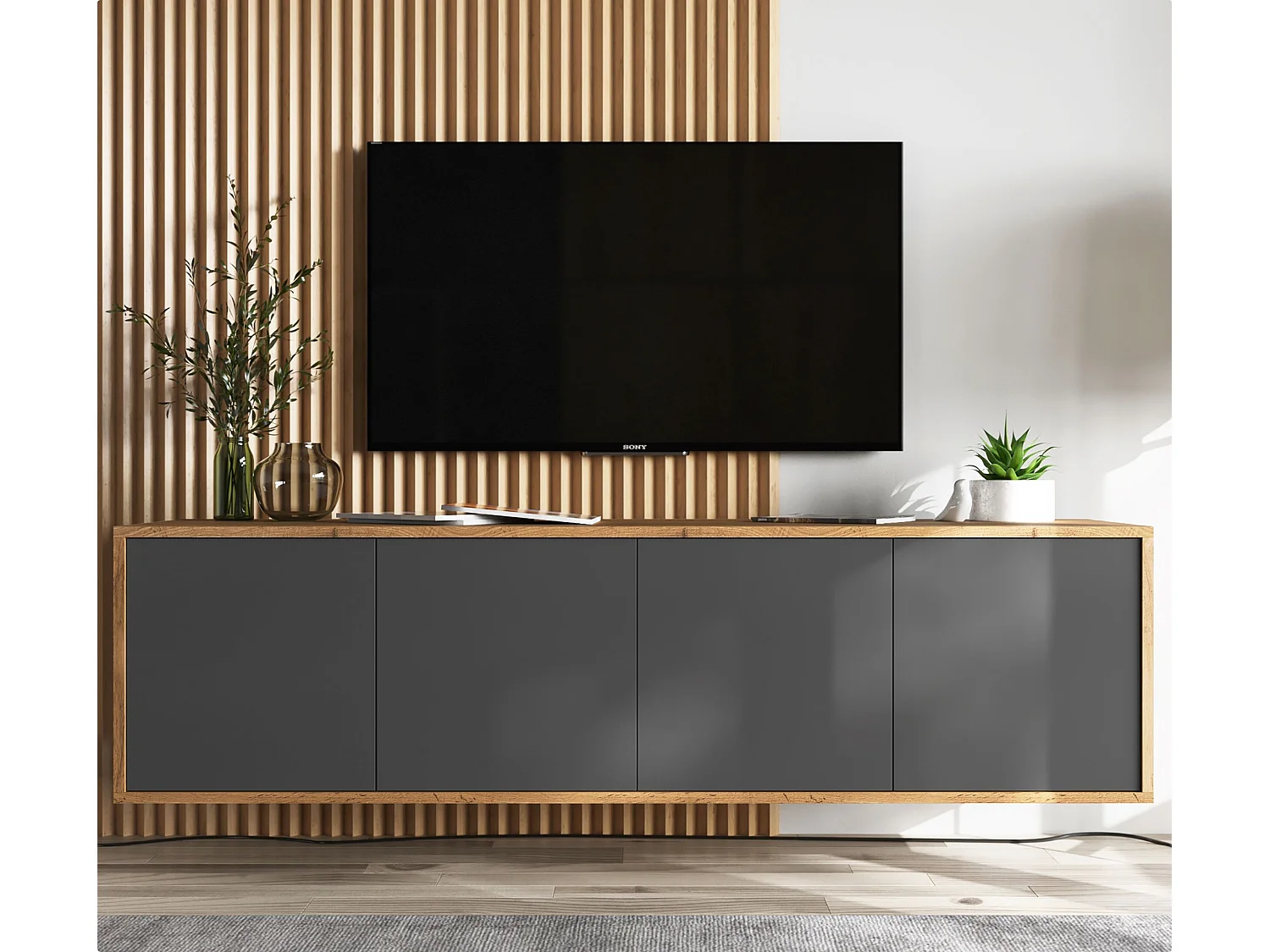 Mueble de TV con 4 puertas - estructura roble wotan frentes grafito mate - 150 cm