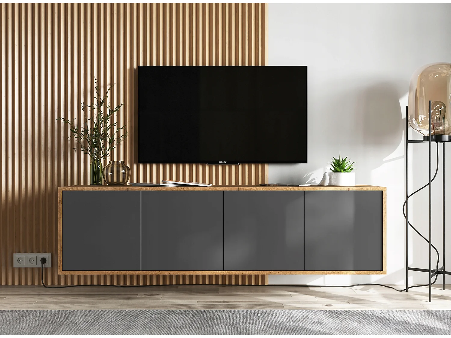 Mueble de TV con 4 puertas - estructura roble wotan frentes grafito mate - 150 cm