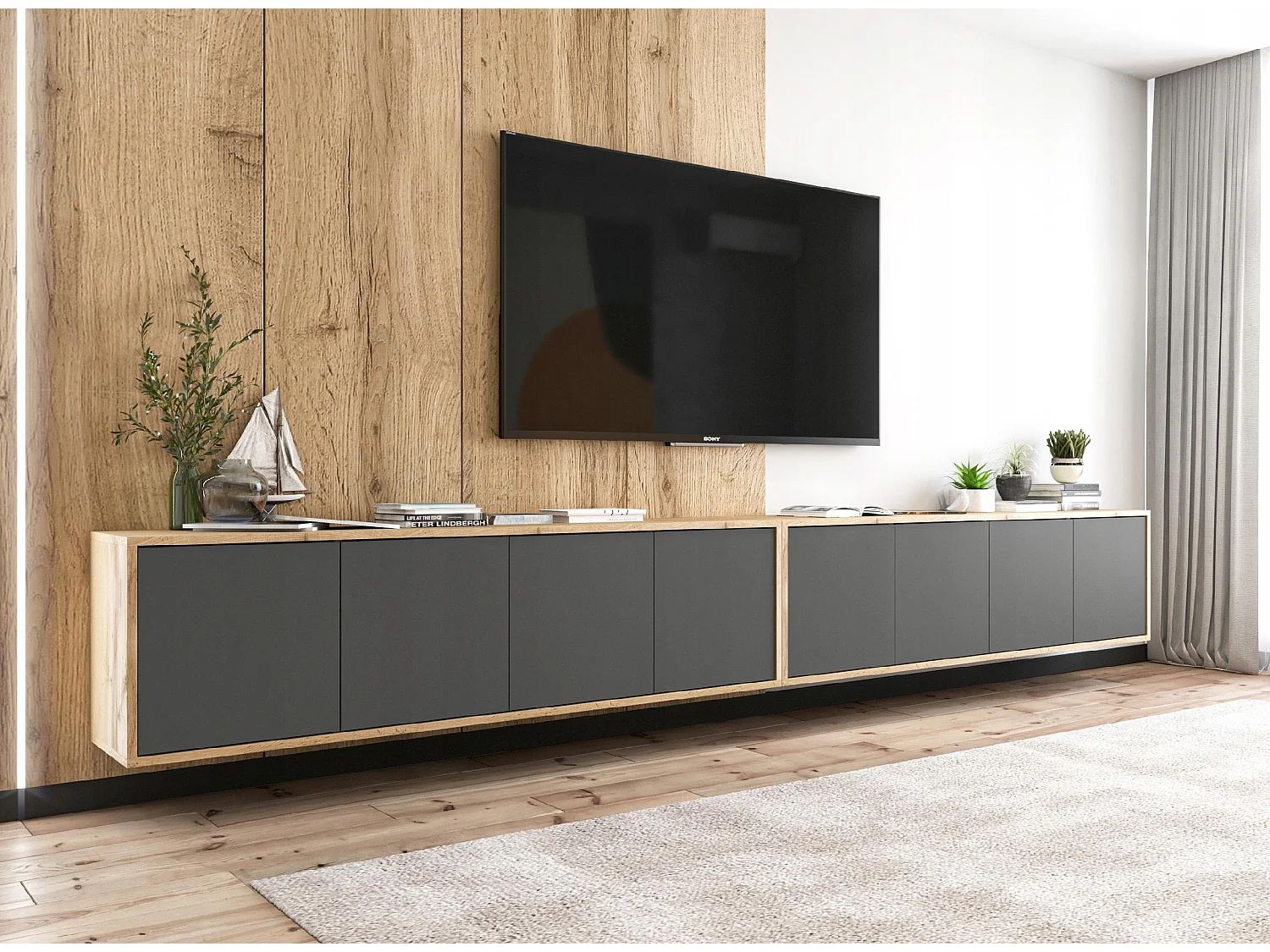 Mueble de TV con 4 puertas - estructura roble wotan frentes grafito mate - 150 cm