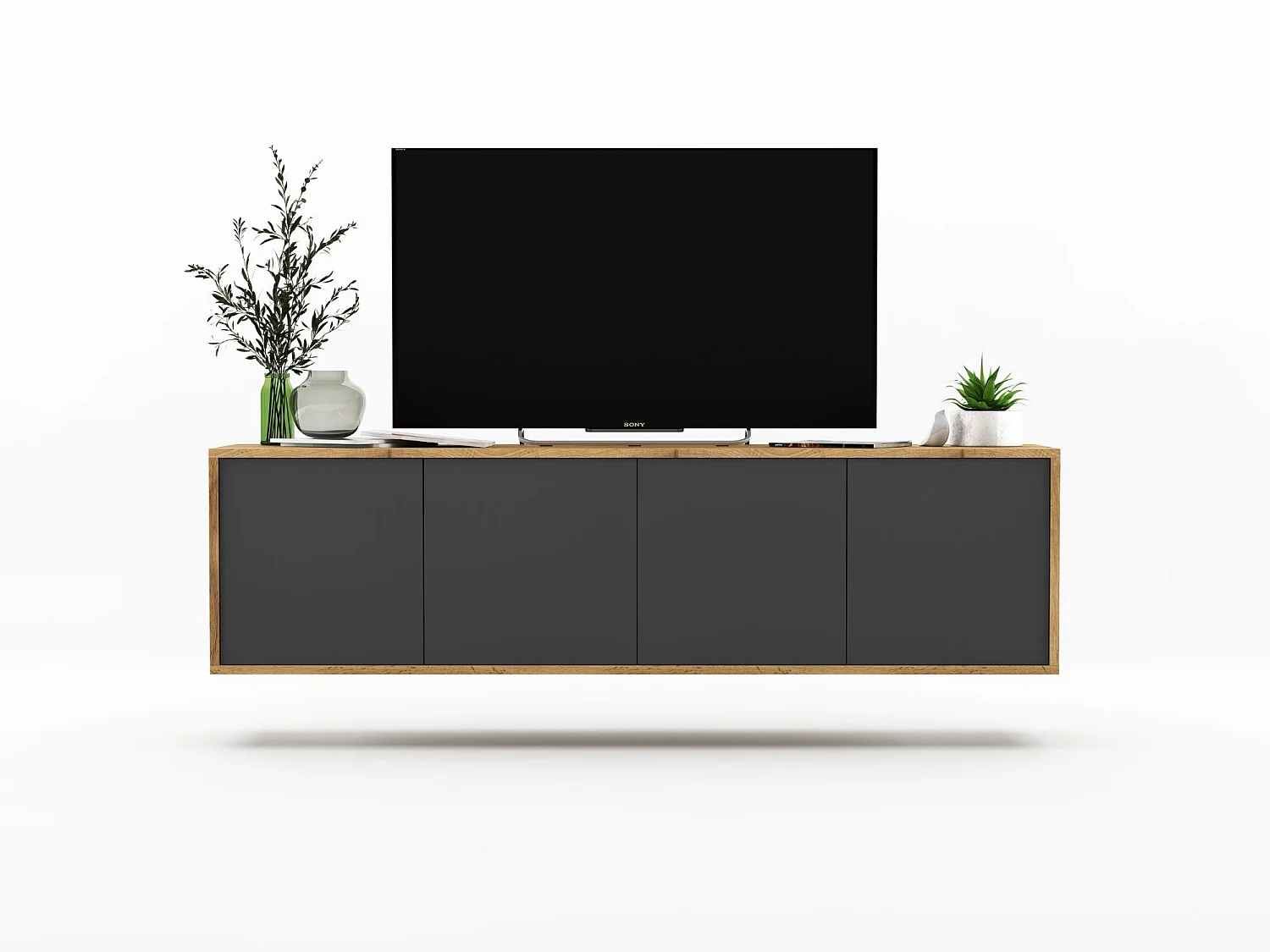 Meuble TV avec 4 portes  - carcasse chêne wotan façades graphite mat - 150 cm