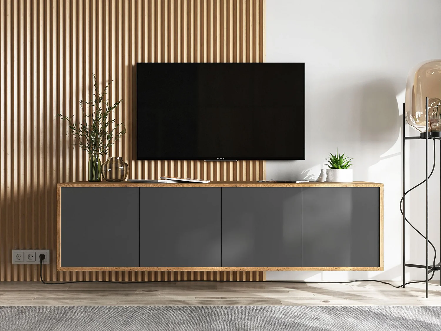 Meuble TV avec 4 portes  - carcasse chêne wotan façades graphite mat - 150 cm