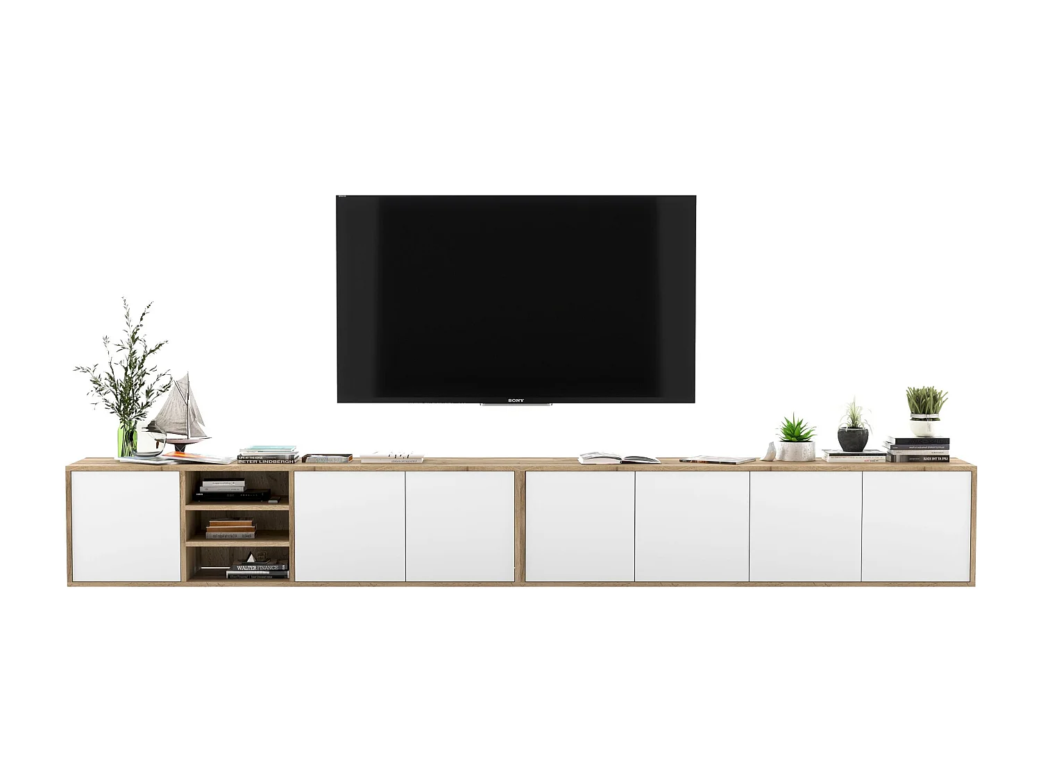 Meuble TV avec 7 portes et 1 niches - carcasse chêne wotan façades blanc mat - 300 cm
