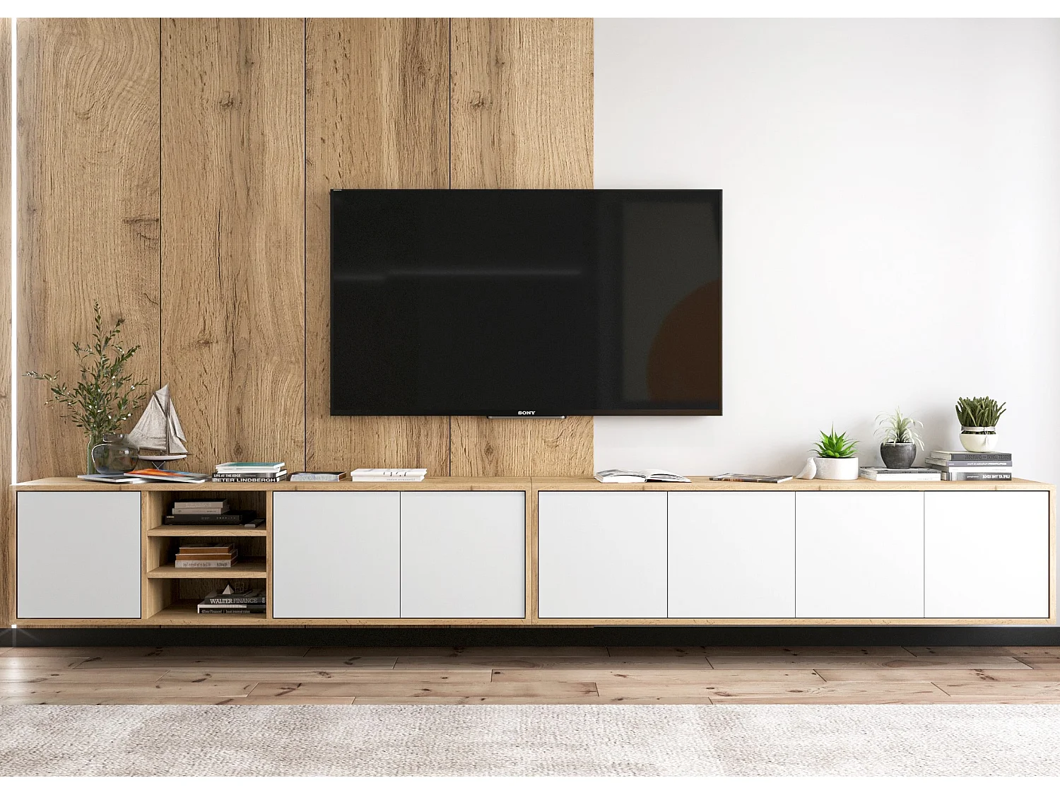 Meuble TV avec 7 portes et 1 niches - carcasse chêne wotan façades blanc mat - 300 cm