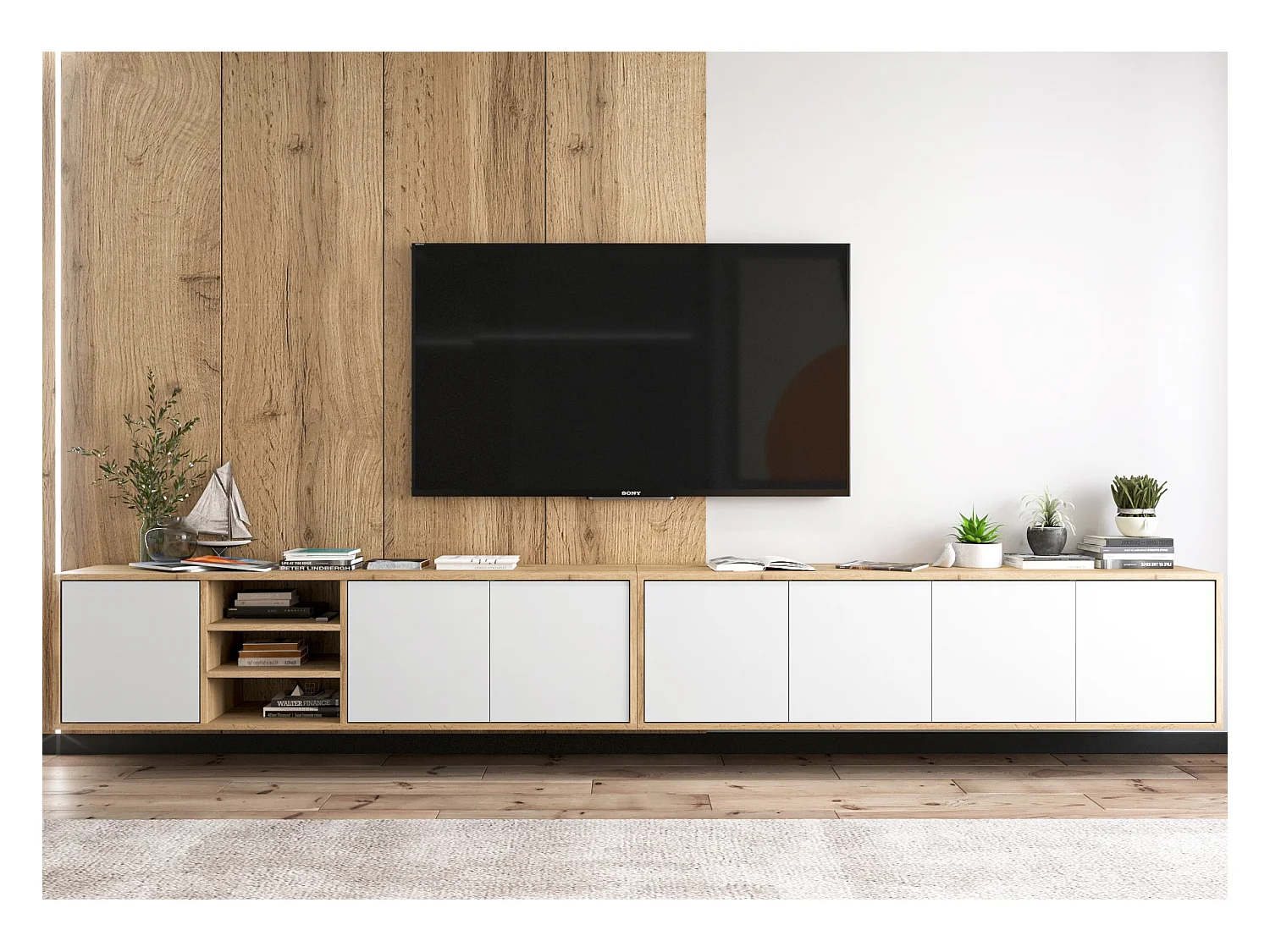 Meuble TV avec 7 portes et 1 niches - carcasse chêne wotan façades blanc mat - 300 cm