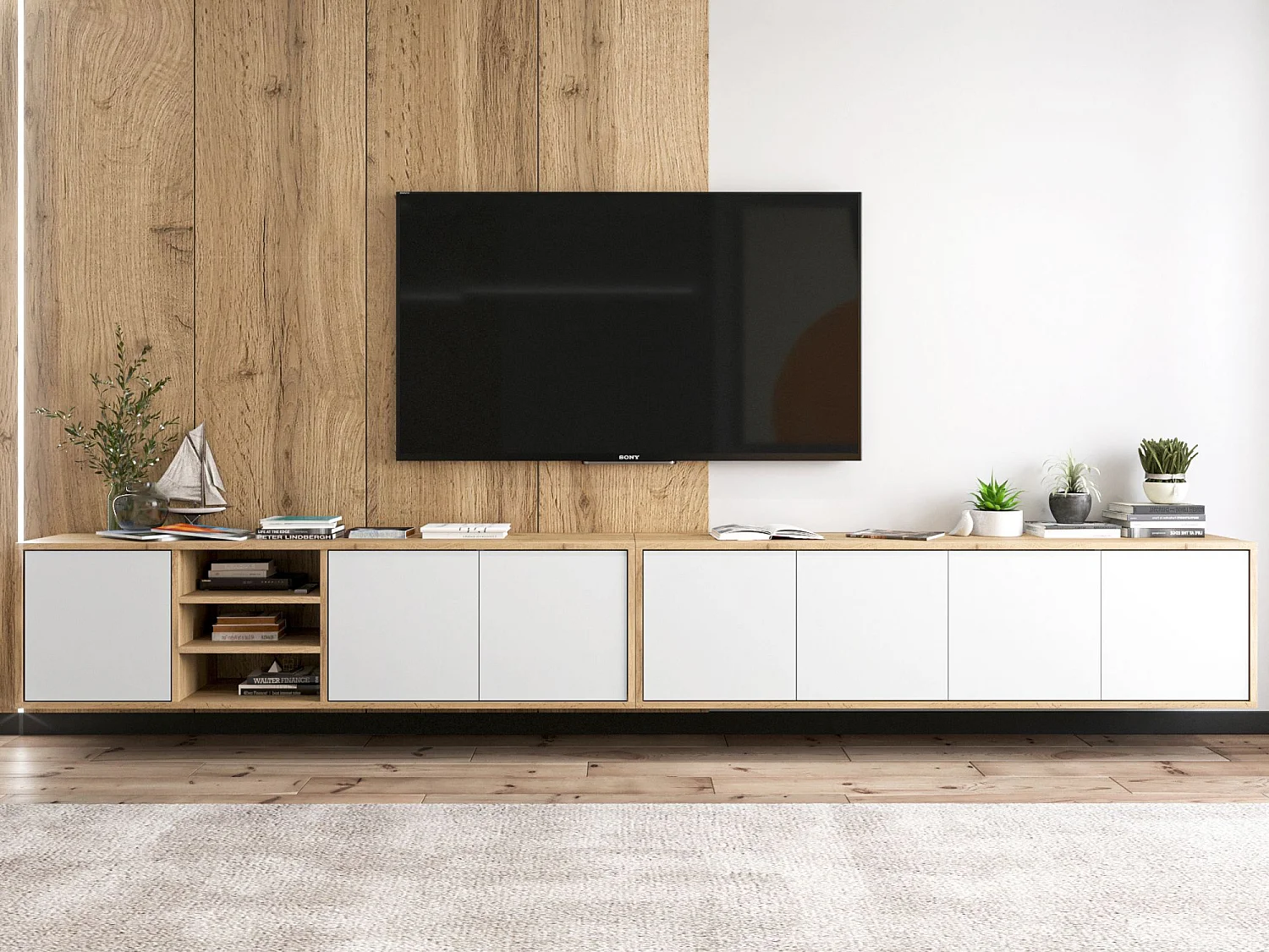 Meuble TV avec 7 portes et 1 niches - carcasse chêne wotan façades blanc mat - 300 cm