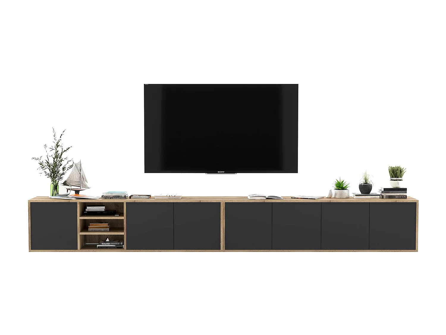 Meuble TV avec 7 portes et 1 niches - carcasse chêne wotan façades noir mat - 300 cm