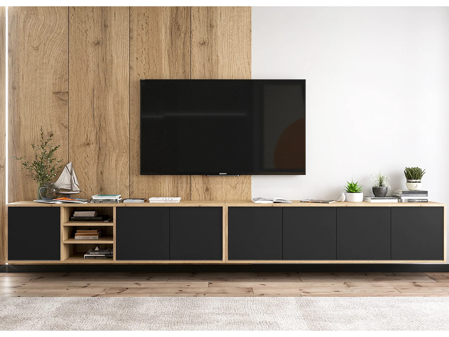 Meuble TV avec 7 portes et 1 niches - carcasse chêne wotan façades noir mat - 300 cm